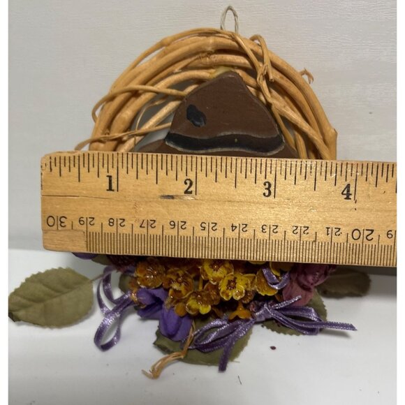 Handcrafted Scarecrow Wreath With Fabric Flowers & Rattan Accents 4 Inches - Picture 2 of 4